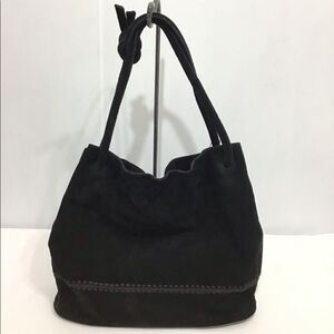 BOTTEGA VENETA Black Suede Leather Structured Top Handle Drawstring Shoulder Bag